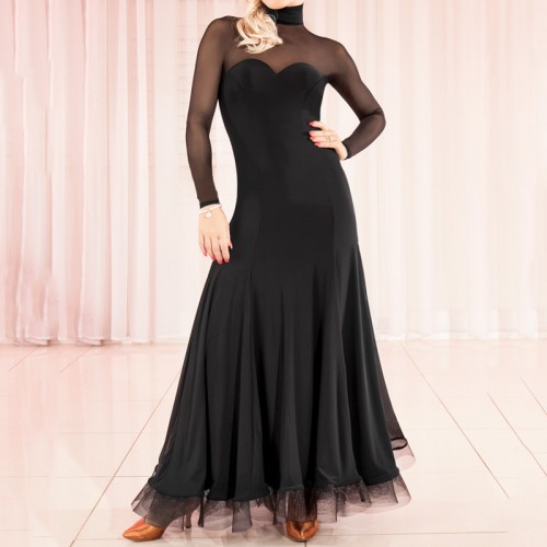 Women black mesh long sleeves ballroom dance dresses sexy see through back turtle neck waltz tango dance long dress for women